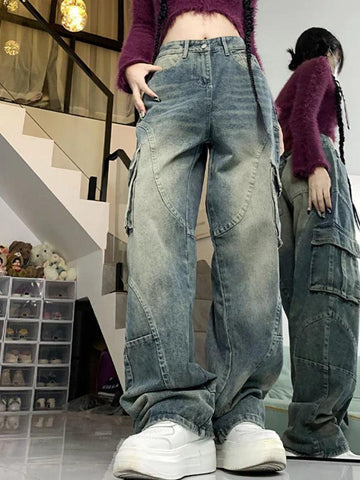 Sonicelife-Street Multi Pocket Splice Cargo Jeans