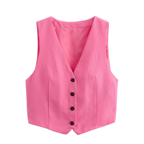 Sonicelife Single Breasted Vest with Split Linen for Women Pleated Design High Waisted Casual Shorts Set New