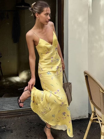 Sonicelife Sexy Print Sling Long Dress Women Slim V-neck Sleeveless Backless Female Dresses 2024 Summer Elegant Lady Vacation Floral Robes