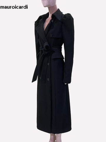 christmas outfit Sonicelife Spring Winter Long Black Elegant Luxury Fitted Woolen Coat Women Puff Sleeve Blet Chic Luxury Designer Clothes 2025