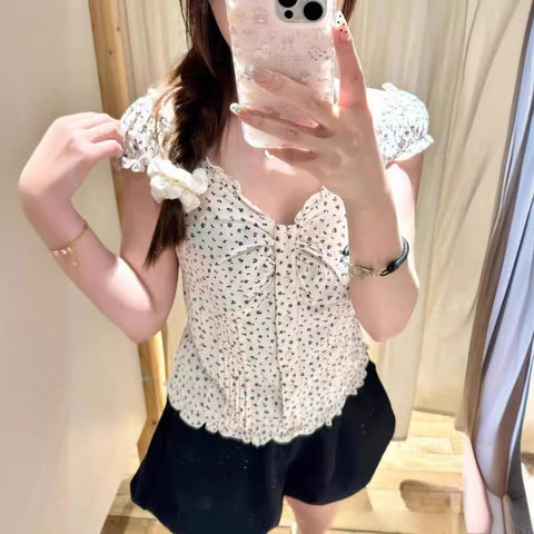 Sonicelife Single Breasted V Neck French Women T-shirts 2025 Sweet Ruffle Short Sleeve Tee Floral Print Chic Fashion Slim Summer Tank Top