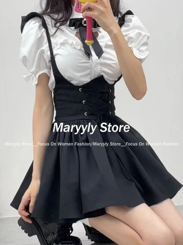 Sonicelife Summer Cute Girl Kawaii Two-piece Women Korean Stlye Elegant Pink Puffed Sleeves Heart Hollow Shirt + Black Suspender Mini Skirt