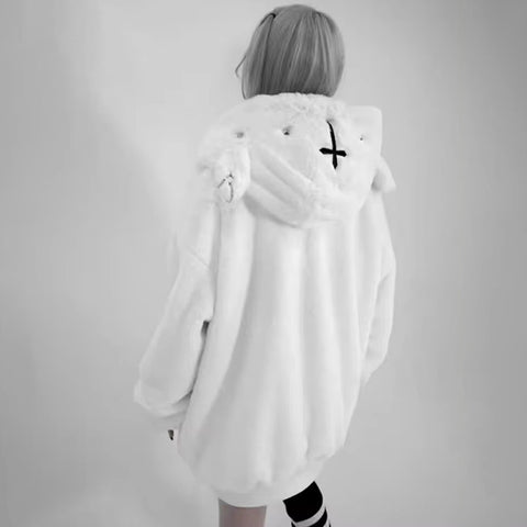 christmas outfit Sonicelife Winter Cool Oversized Warm Thick Soft Faux Fur Coat Hoodie Women with Bear Ears Punk Style Fluffy Jacket Streetwear