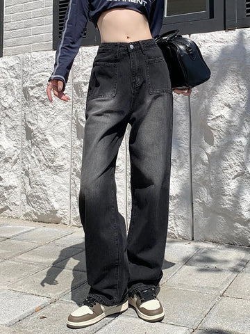 Sonicelife Vintage Jeans Women Y2K High Street Loose High Waist Wide Leg Denim Pants Korean Casual Streetwear Straight Denim Trousers