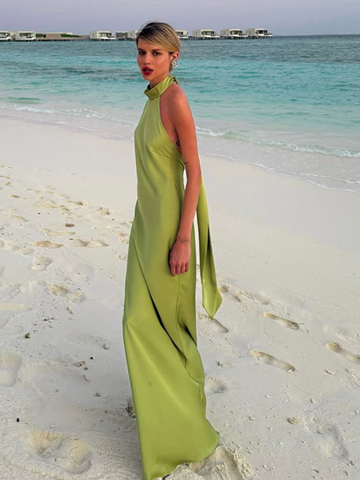 Sonicelife Elegant Green Satin Sleeveless Maxi Dress Chic Stand Neck Lace Up Backless Dresses New Female Summer Vacation Beach Vestido 2025