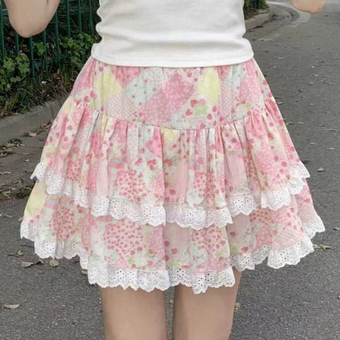 Sonicelife Japanese Sweet Pink Lolita Style Ruffles Cake Mini Skirt Women Polka Dot Print Short Skirt Girls Korean Kawaii Lace Bow Skirt