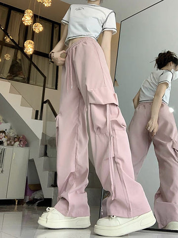 Sonicelife Causal Baggy Cargo Pants High Waist Y2K Big Pockets Streetwear Student Trousers Loose Fall Korean Solid Female Pants
