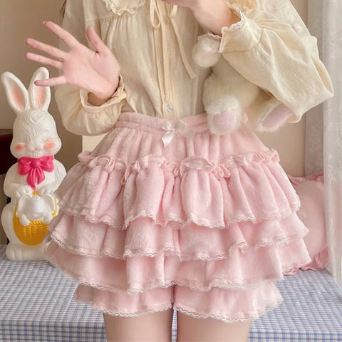 Sonicelife Harajuku Sweet Lolita Short Skirts Autumn Winter Plush Bloomers Y2k Japanese Kawaii Knickers Women Lace Bow Safety Short Pant