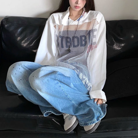 Sonicelife Summer American Loose Splicing See Through Jersey Letter T Shirt Women Street Fashion Slim Hip Hop Y2K Sun Protection Design Top