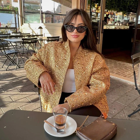 christmas outfit Sonicelife Women's Sequined Bomber Jacket Fall O Neck Long Sleeve Gold Sequins Jacket Coat Female Glitter Chic Outerwear