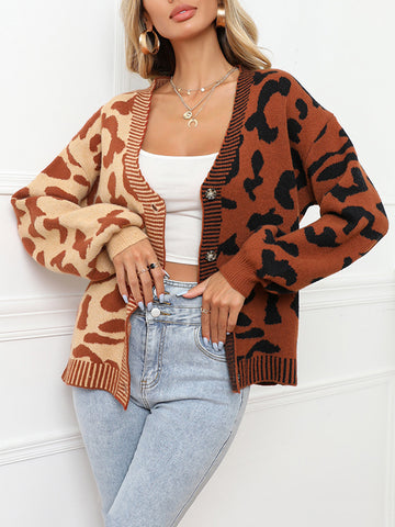 christmas outfit Sonicelife Long Sleeves Loose Buttoned Leopard Split-Joint V-Neck Cardigan Tops