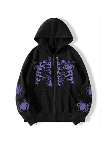 Back To School Sonicelife Street Skull Spider Print Oversized Hoodie