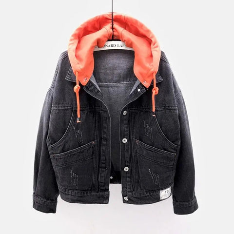 christmas outfit Sonicelife Blue Hooded Turn-down Collar Denim Jacket Women Loose Button Patchwork Outwear Jean Coat Female