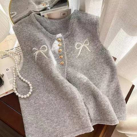 Sonicelife Sweet Bow Knitted Vests Women Casual Loose O Neck Korean Embroidery Jacket Vest Elegant Vintage Female Fall All Match Vest