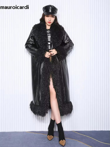 christmas outfit Sonicelife Winter Oversized Long Black Quilted Thickened Warm Pu Leather Coat Women with Faux Fur Trim Luxury Designer Clothes