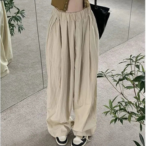 Sonicelife Y2K Casual Wide Leg Pants Women Summer Fashion Loose High Waist Straight Trousers Korean Streetwear Solid Ladies Pocket Pants