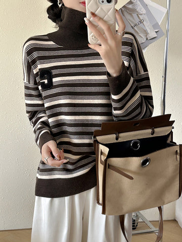 christmas outfit Sonicelife Long Sleeves Loose Contrast Color Split-Joint Striped High Neck Pullovers Sweater Tops