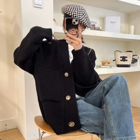 Sonicelife Oversize Casual Cardigan Sweaters Women Korean Big Pockets Long Sleeve Knitted Coat V Neck Vintage Lazy Wind Female Tops
