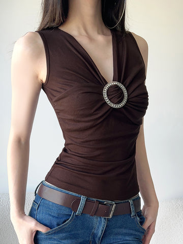 Sonicelife Vintage Y2k Brown Vest Women Mall Gothic Streetwear Harajuku Ring V-neck Tank Tops New Fashion Grunge Rave Outfits Femme