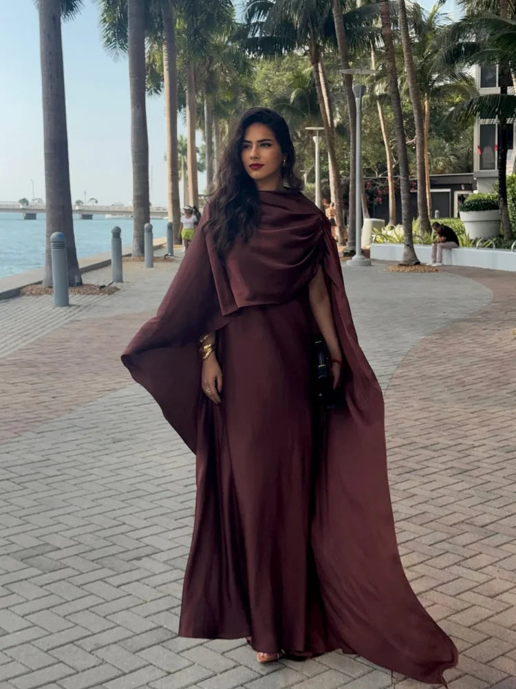 Sonicelife Women Stain Cape Collar Long Dress Elegant Lady Pleated Slim Fit Cloak Maxi Vestido Fashion Summer Cocktail Dress Woman 2025 New