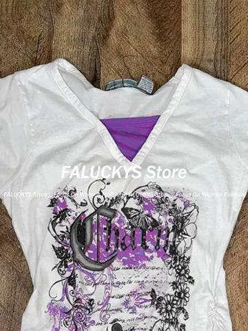 Sonicelife Aesthetic Vintage Slim V Neck T Shirts Women High Street Y2k Print Patchwork Lace Up Tops Female Hot Chick Short Sleeve Top New