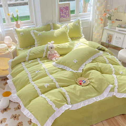 Sonicelife Kawaii Korean Bedding Sets No Filling Ins Princess Style Lace Bow Duvet Cover Fitted Sheet Girl Woman Home Bedroom Bed Linens