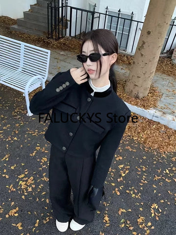 Sonicelife Black Two Piece Sets Women Outifits 2025 Autumn New Long Sleeve O Neck Cropped Blazer Coat + High Waisted Wide Leg Pant Suits