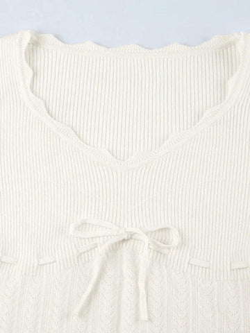Sonicelife-French Solid Pointelle Wavy Trim Lacing Sweater