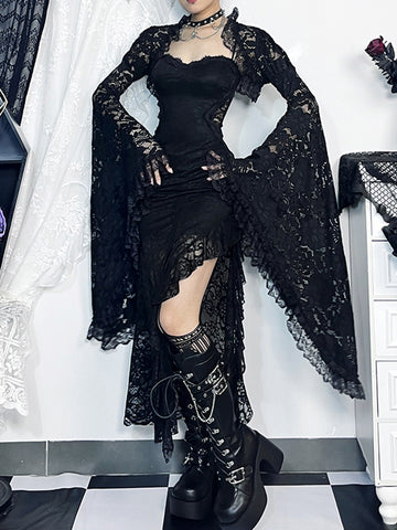 Sonicelife Dark Gothic Lace Cover Ups Women Vintage Classic See Through Flare Sleeve Crop Top Blouse Y2k E-girl Emo Alt Rave Outfit
