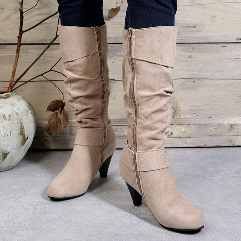 Sonicelife 2025 Autumn Fashion  Boots Side Zip Shoes  Mid-calf Boots Pointed Tip Ladies High Heels Suede Botas De Invierno Para Mujer