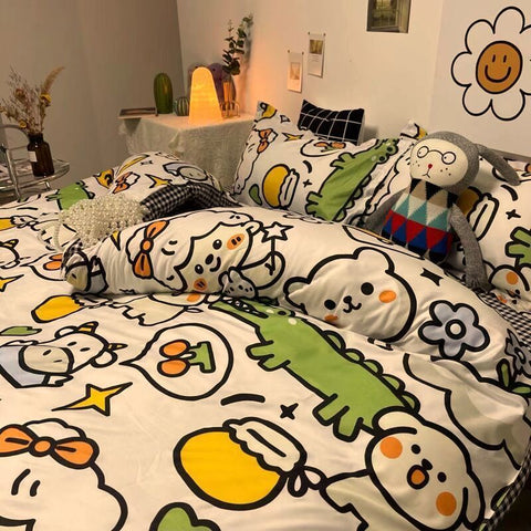 Sonicelife Korean Style Cartoon Sheep Bedding Set Girls Kids Twin Full Queen Size Bed Flat Sheet Duvet Cover Pillowcases Bed Linen Kawaii