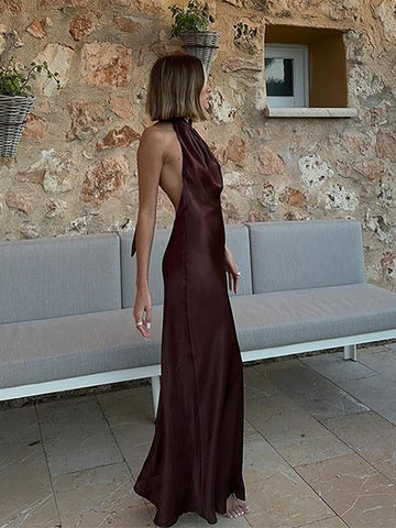 Sonicelife Elegant Satin Hang Neck Lace Up Dress Women Sexy Sleeveless Backless Female Maxi Dresses 2024 Spring Summer Lady Party Robe New
