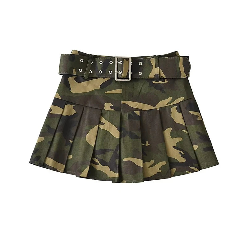 Sonicelife Summer Women Pink Camouflage Pleated Skirts Dance Girls School High Waist Belt Camo Pleated Skirts Cosplay  A Line Mini Skirts