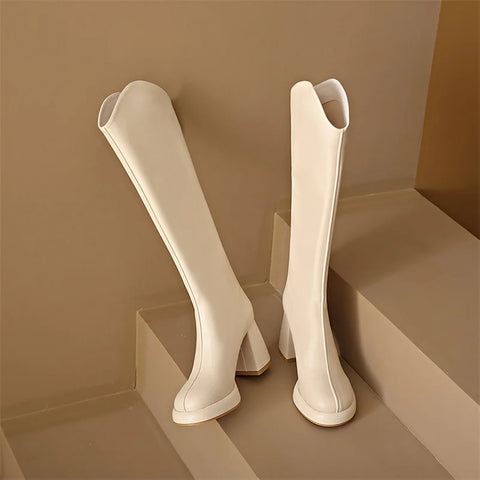 Sonicelife Women Knee High Boots 3cm Platform 8cm High Heels Square Mid Heels White Boots Lady Fetish Stripper Booties Leather Zipper Shoes