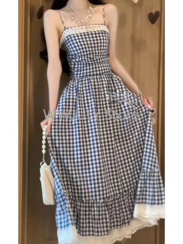 Sonicelife Woman Korean Fashion 2 Piece Set Pure Color Short Tops + Blue Plaid Sleeveless Midi Dress French Vacation Style Dress Harajuku