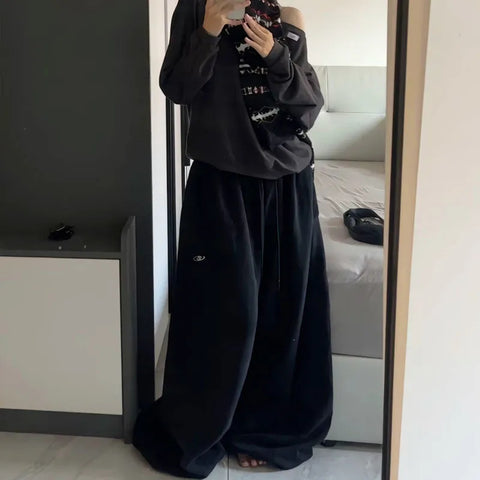 Sonicelife Y2K Cotton Sweatpants Woman Black Oversize Streetwear Trousers Korean High Waist All Match Loose Casual Drawstring Jogger Pants