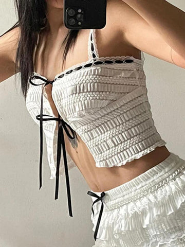 Sonicelife Cutout Contrast Ribbon Tie Up Cami Top