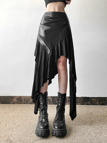 Sonicelife Harajuku Cyber Punk Skirt Women Dark Academia Gothic Streetwear New Fashion Y2k Irregular Pu Patchwork High Waist Skirt