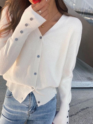 Back To School Sonicelife Solid Color V Neck Button Decor Cardigan