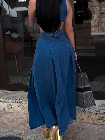 Sonicelife Hollow Out Denim Long Dress Women Slim Lapel Sleeveless Metal Buckle Multi Split Female Dresses 2024 Summer Lady Chic Streetwear