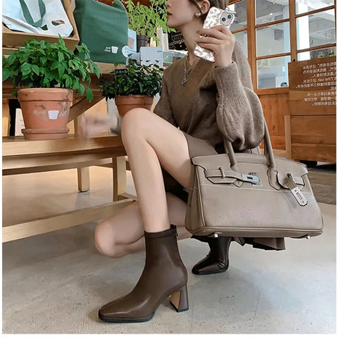 Sonicelife Shoes Female 2024 Hot Sale Zipper Women's Boots Autumn Square Toe Solid Mid Heeled Commuting Work Daily British Naked Boots