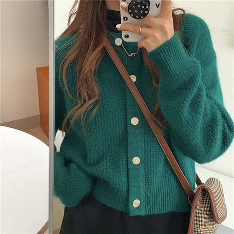 Sonicelife Korean Sweet Cardigan Women Long Sleeve Fashion Elegant Knitted Tops Casual O Neck Single Breasted Female Casual Cardigan