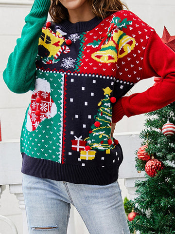 christmas outfit Sonicelife Long Sleeves Loose Contrast Color Round-Neck Pullovers Sweater Tops