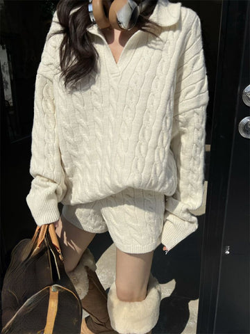 Sonicelife Korean Style Fashion Knitted Sweater Loose Casual Polo Neck Pullover Women Tops Slim Shorts Autumn Winter Two Piece Set Women