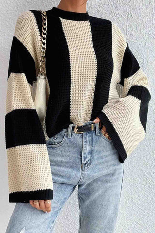 Sonicelife Colorblock Striped Long Sleeve Knitted Sweater