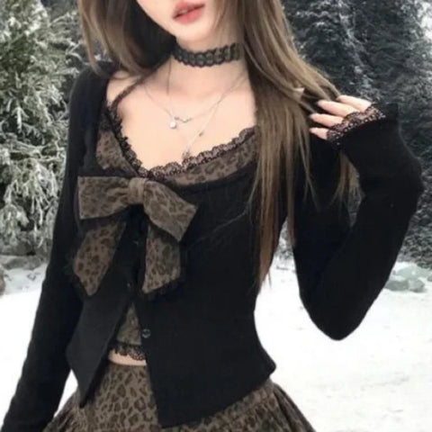 Sonicelife Autumn Winter Vintage Leopard Print Women Outfits Sexy Bow Fake Two Piece Tops + Lace Mini Cake Skirt 2 Piece Set Y2k Clothjing