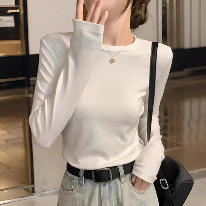 Sonicelife Grey O Neck Slim Bottoming T Shirt Women Autumn Winter Warm All Match Long Sleeved Tops Korean Streetwear Basic Tees New