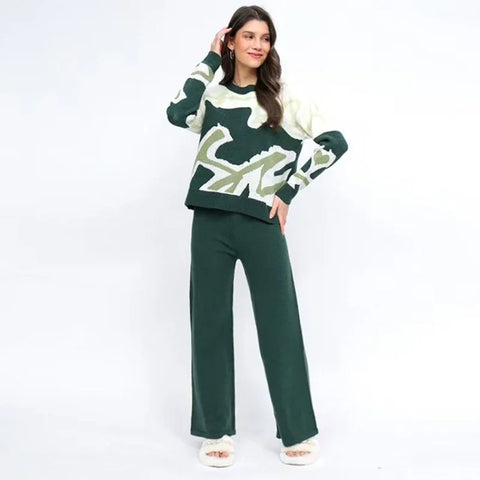 Sonicelife Knitted Pants Set Printed Long Sleeve Women Pullover Sweater and Solid Pants 2 Piece Sets Fashion Outfit Fall Winter 2024