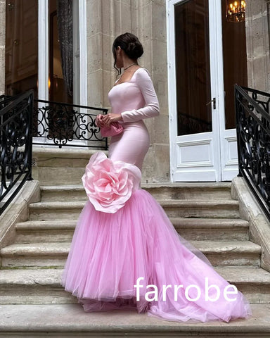 Sonicelife Customized Exquisite Jersey Pleat Flower Mermaid Square Neck Long Dresses Bespoke Occasion Dresses Modern Style Pastrol Chinese (PRE-ORDER)