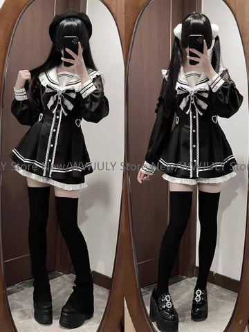 Sonicelife Japanese Style Gothic Y2k Lolita Bow Dress Shorts Set Women Vintage Sweet Slim Mini Dress Long Sleeve Button Shirt Party Dress